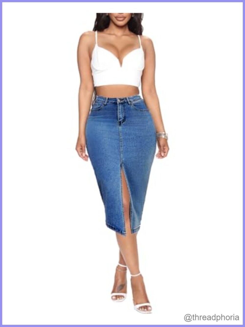 High Waist Midi Denim Skirt with Pockets Slit Stretch Jean Skirt
